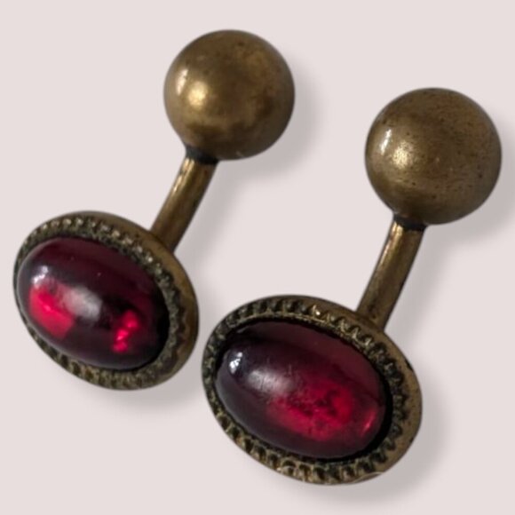 Antique Ball Back Red Glass Cufflinks - Picture 3 of 5